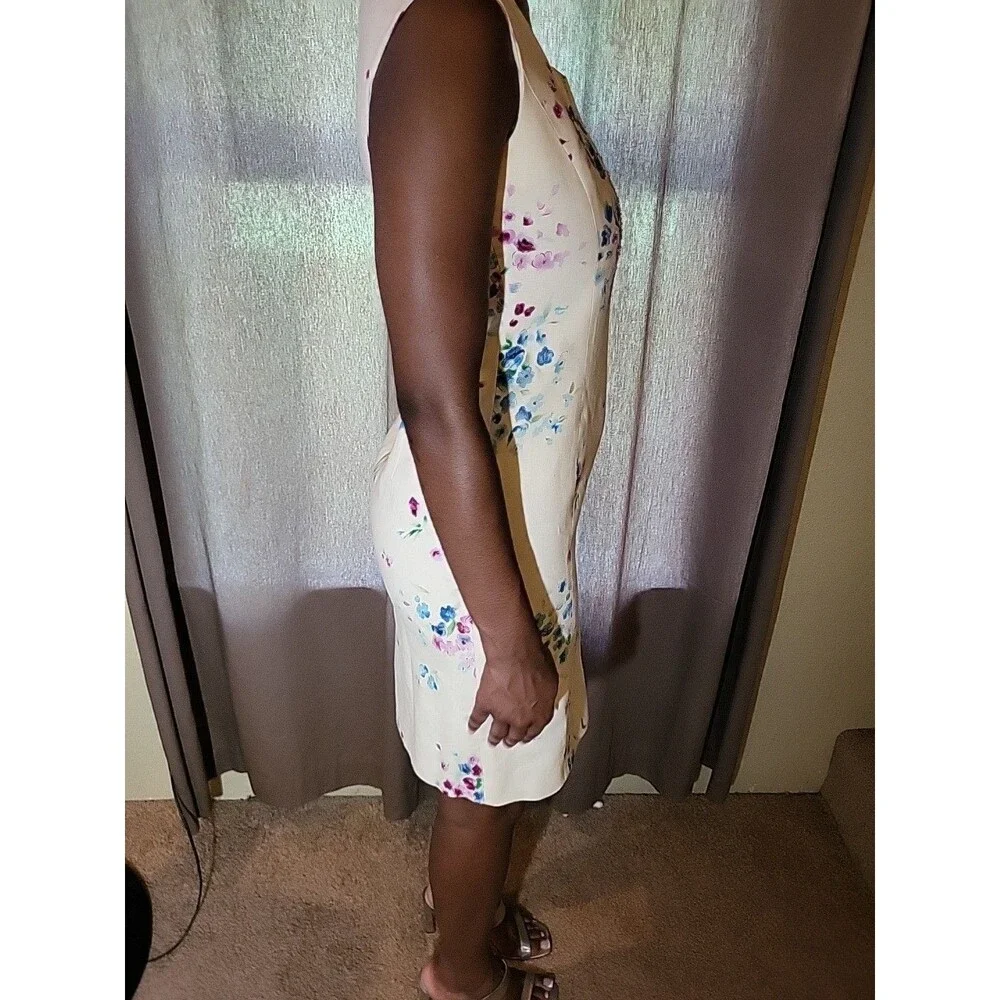 Vintage Kay Unger Dress Size 8 Linen Floral Motif Beaded Sleeveless Sheath - Picture 4 of 9